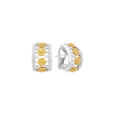 Lot 81 - Pair of Two-Color Gold, Diamond and Colored Diamond Half-Hoop Earrings