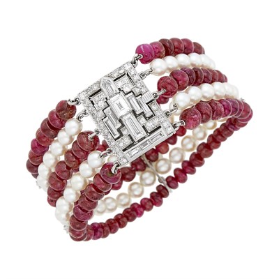 Lot 65 - Four Strand Cultured Pearl and Ruby Bead, Palladium and Diamond Bracelet