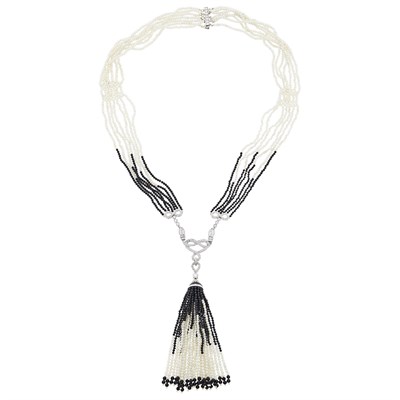 Lot 50 - Long Seven Strand Braided Black Onyx Bead, Cultured Pearl, Platinum, White Gold and Diamond Tassle Necklace