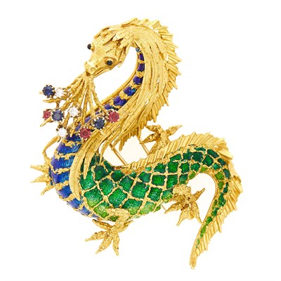 Lot 2057 - Gold, Multicolored Enamel, Ruby, Sapphire and Diamond Dragon Clip-Brooch