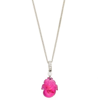 Lot 80 - Cartier Platinum, Carved Ruby, Pearl and Diamond Pendant with White Gold Chain Necklace