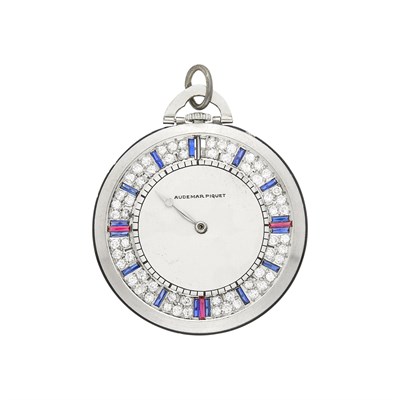 Lot 1075 - Audemars Piguet Platinum, Black Enamel, Diamond, Synthetic Sapphire and Ruby Open Face Pocket Watch
