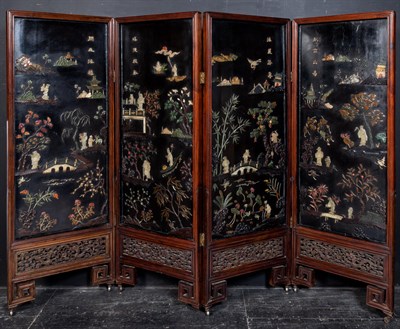 Lot 126 - A Chinese Hardstone-Inset Lacquered Four-Fold Floor Screen