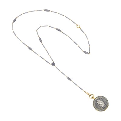 Lot 1071 - Patek Philippe Edwardian Gold, Platinum, Gray Guilloché Enamel and Diamond Pendant-Watch Necklace