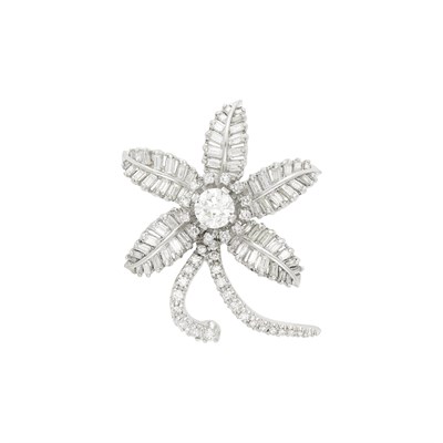 Lot 1089 - Platinum and Diamond Flower Pendant-Brooch
