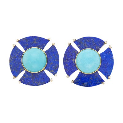 Lot 1159 - Pair of Gold, Turquoise, Lapis and Diamond Earclips