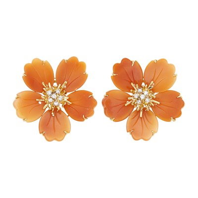 Lot 1148 - Pair of Gold, Carved Orange Mother-of-Pearl and Diamond Flower Earclips