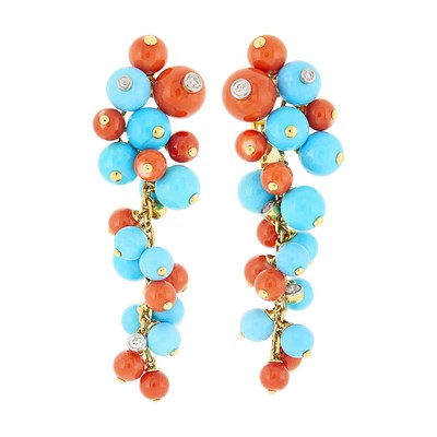 Lot 1005 - Pair of Gold, Turquoise and Coral Bead and Diamond Pendant-Earclips