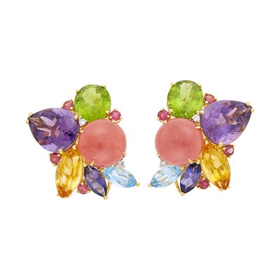 Lot 7 - Pair of Gold, Rhodochrosite, Amethyst, Peridot, Topaz, Iolite and Diamond Cluster Earclips