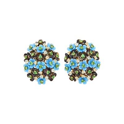 Lot 44 - Pair of Gold, Carved Gray Mother-of-Pearl and Turquoise, Green Garnet and White Topaz Floret Cluster Earclips