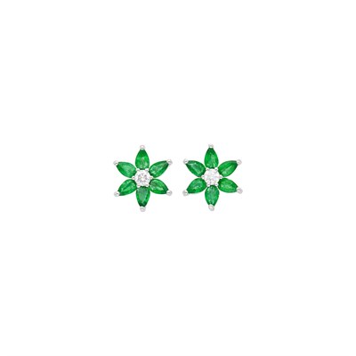 Lot 70 - Pair of Platinum, Emerald and Diamond Flower Earrings