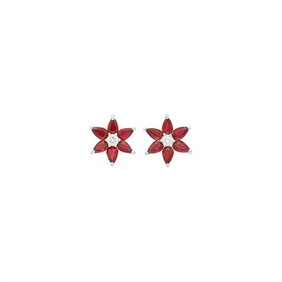 Lot 61 - Pair of Platinum, Ruby and Diamond Flower Earrings