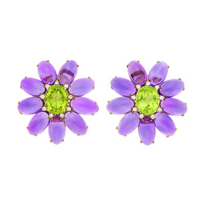 Lot 19 - Pair of Gold, Peridot and Cabochon Amethyst and Diamond Flower Earclips