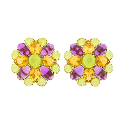 Lot 1024 - Pair of Gold, Amethyst and Peridot, Citrine and Diamond Cluster Earclips