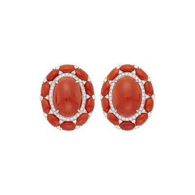 Lot 1092 - Pair of White Gold, Coral and Diamond Earrings