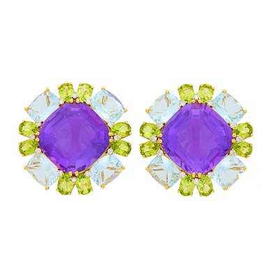 Lot 1060 - Pair of Gold, Amethyst, Peridot, Aquamarine and Diamond Earclips