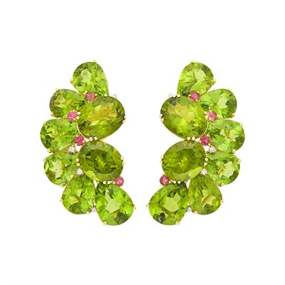 Lot 1021 - Pair of Gold, Peridot, Pink Tourmaline and Diamond Earclips