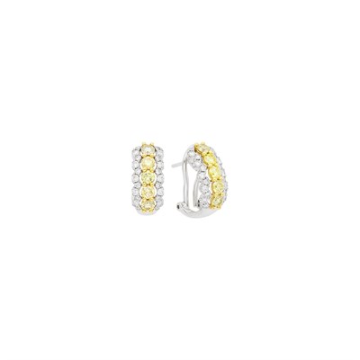 Lot 1097 - Pair of Two-Color Gold, Colored Diamond and Diamond Huggie Earrings