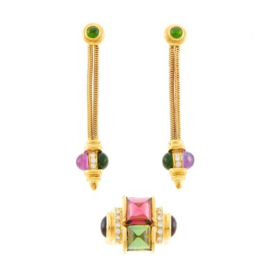 Lot 2019 - Chris Correia Gold, Pink and Green Tourmaline and Diamond Ring and Pair of Cabochon Tourmaline and Amethyst Pendant-Earrings