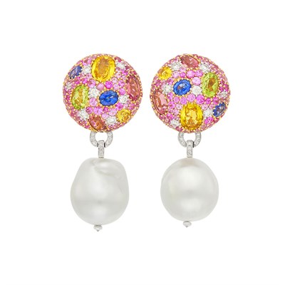 Lot 1138 - Margot McKinney Pair of Two-Color Gold, Multicolored Sapphire, Gem-Set, Diamond and Baroque South Sea Cultured Pearl Pendant-Earrings