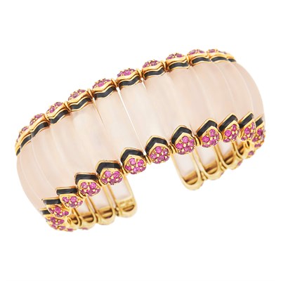 Lot 1137 - Rose Gold, Rose Quartz, Ruby and Black Enamel Cuff Bracelet