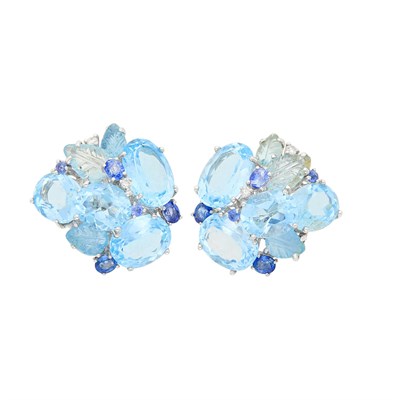Lot 1081 - Pair of White Gold, Blue Topaz, Carved Aquamarine, Sapphire and Diamond Cluster Earclips