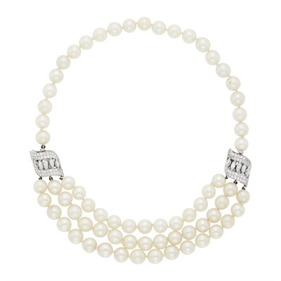Lot 1077 - Cultured Pearl, Palladium and Diamond Swag Necklace