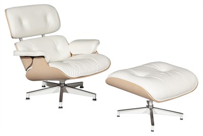 Lot 349 - Charles and Ray Eames for Herman Miller White Leather Upholstered Bleached Walnut Model 670 and 671 Lounge Chair and Ottoman
