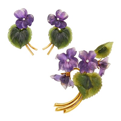 Lot 19 - Gold, Carved Hardstone and Diamond Flower Brooch and Pair of Earclips