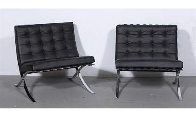 Lot 337 - Pair of Mies van der Rohe for Knoll Inc. Leather Upholstered and Chromed Metal Barcelona Chairs