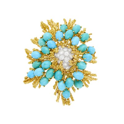 Lot 1162 - Attributed to George Schuler Two-Color Gold, Turquoise and Diamond Pendant-Brooch
