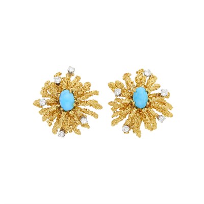 Lot 1160 - George Schuler Pair of Gold, Turquoise and Diamond Earrings