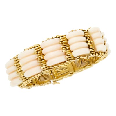 Lot 1164 - Gold and Carved Angel Skin Coral Bracelet, France