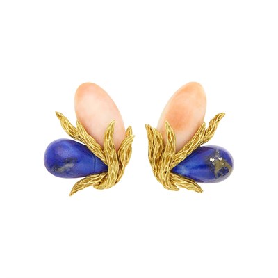 Lot 1166 - Pair of Gold, Angel Skin Coral and Lapis Earclips
