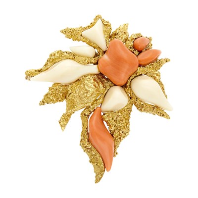 Lot 1168 - Gold, White Coral and Coral Pendant-Brooch