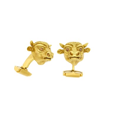 Lot 1127 - Pair of Gold and Yellow Diamond Bull Head Cufflinks