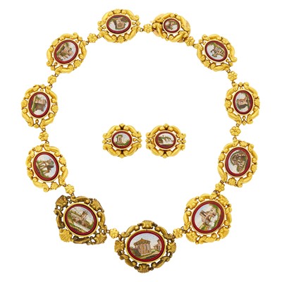 Lot 47 - Antique Gold and Micromosaic Necklace and Pair of Earclips