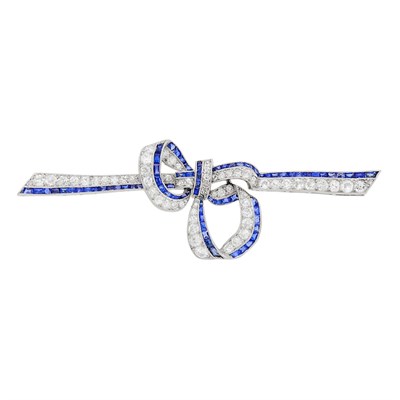 Lot 70 - Platinum, Diamond and Sapphire Bow Bar Pin