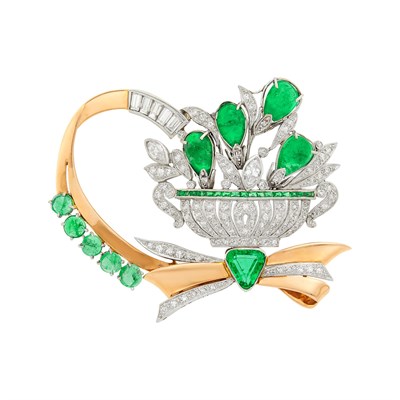 Lot 84 - Platinum, Rose Gold, Emerald and Diamond Brooch