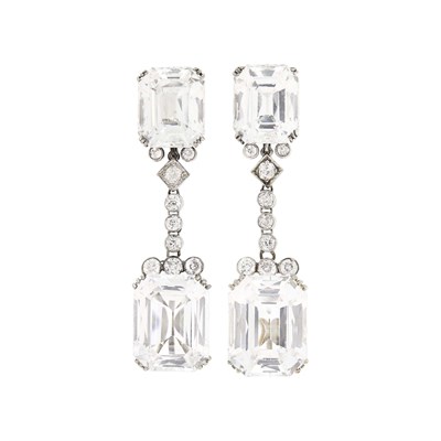 Lot 61 - Trabert & Hoeffer, Mauboussin Pair of White Sapphire and Diamond Pendant-Earclips
