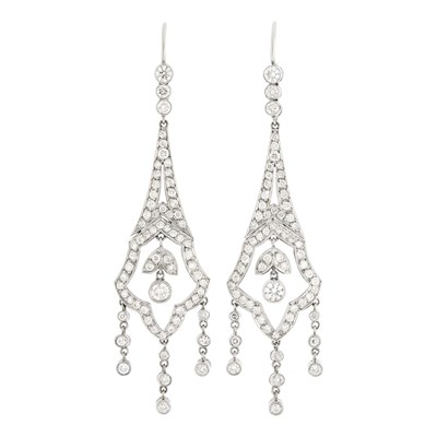 Lot 147 - Pair of Platinum and Diamond Pendant-Earrings