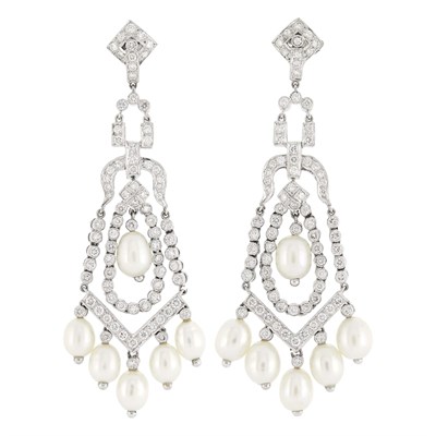 Lot 41 - Pair of White Gold, Diamond and Freshwater Pearl Pendant-Earrings