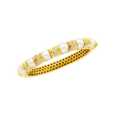 Lot 117 - Two-Color Gold, Cultured Pearl and Diamond Bangle Bracelet