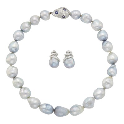 Lot 47 - Gray Baroque Cultured Pearl Necklace with Diamond and Sapphire Clasp
and Pair of Earrings