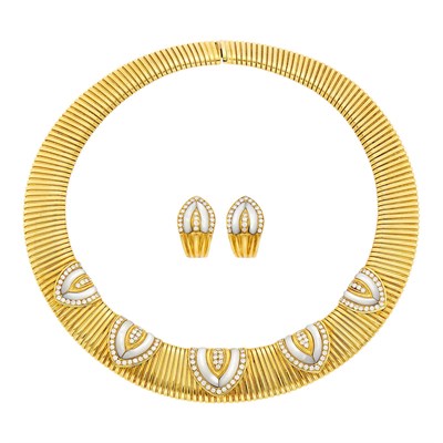 Lot 95 - Gold, Mother-of-Pearl and Diamond Snake Link Necklace and Pair of Earclips