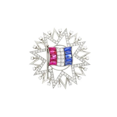 Lot 1110 - White Gold, Diamond, Cabochon Sapphire and Ruby Flag Brooch