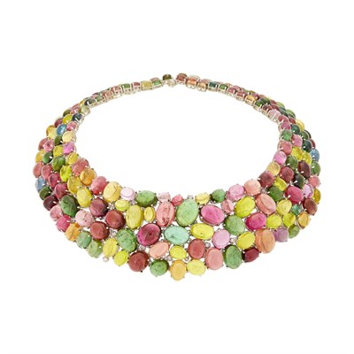 Lot 86 - White Gold, Multicolored Cabochon Tourmaline and Diamond Necklace