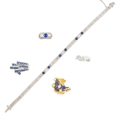 Lot 1149 - Four White and Yellow Gold, Platinum, Diamond and Sapphire Rings and Bracelet
