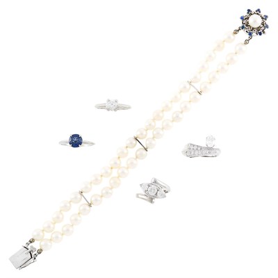 Lot 1152 - Four White Gold, Cultured Pearl, Sapphire and Simulated Diamond Rings and Bracelet