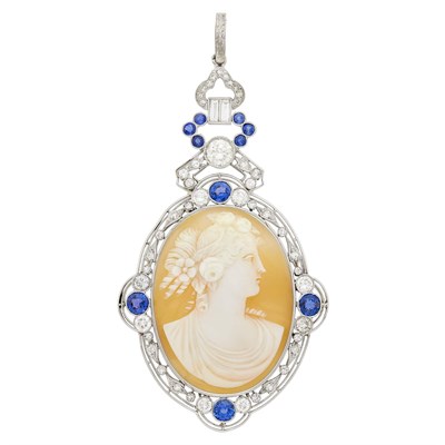 Lot 78 - Platinum, Shell Cameo, Sapphire and Diamond Pendant